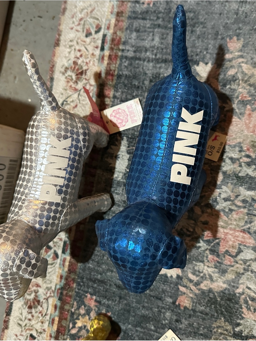 PINK Victoria's Secret Shiny Blue and Silver Decorative Dog Pair - Picture 1 of 3